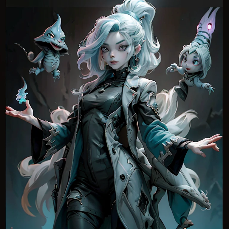 a cartoon character standing on top of a brick, style of dragan bibin, gengar, loose fantasy clothing, stylized 3 d graphics, in style of tim burton, humanoid with crooked teeth, pale cyan and grey fabric, maxwell render, malevolent entity, draconic, coat, pillhead, john kenn mortensen