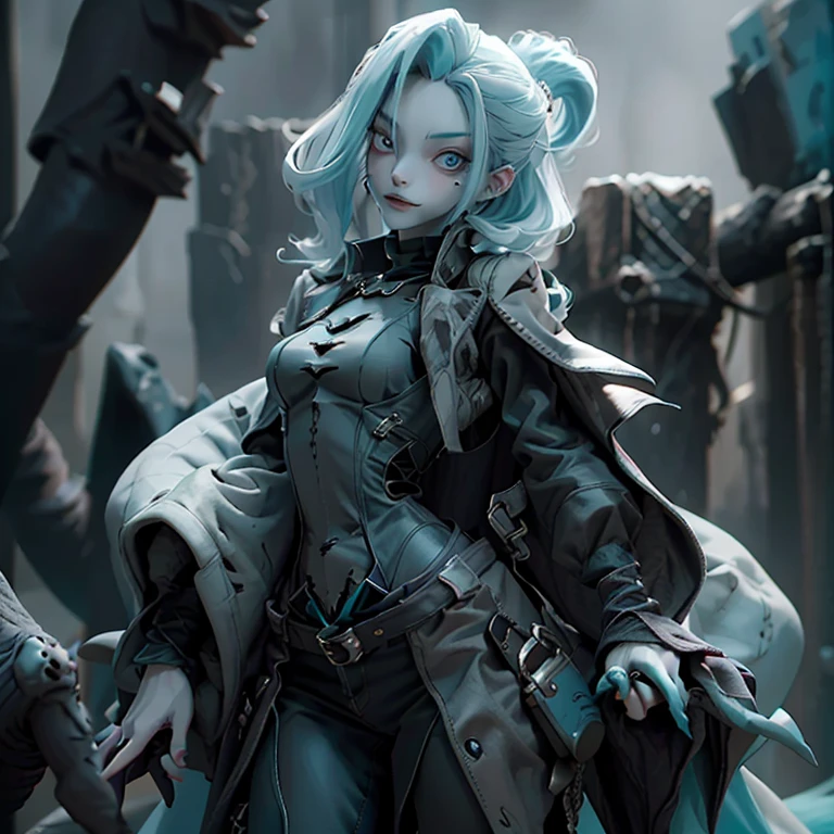 a cartoon character standing on top of a brick, style of dragan bibin, gengar, loose fantasy clothing, stylized 3 d graphics, in style of tim burton, humanoid with crooked teeth, pale cyan and grey fabric, maxwell render, malevolent entity, draconic, coat, pillhead, john kenn mortensen