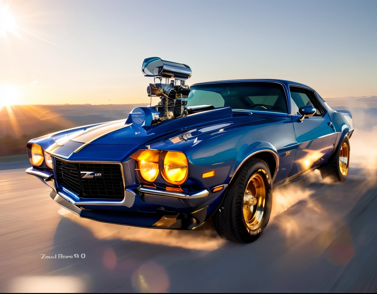 [carhelper:photohelper], Retrofutur, motion blur, CinemaHelper, Chrome reflections, sun flare, Extremely detailed, Intricate detailsmatte blue chevrolet camaro Z28 1980 low rider, no chrome, golden glow underneath, background lightning and fog,