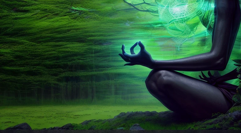 Monge meditando na floresta. vestes largas. Fantastic world. Sombras e silhuetas. Feeling of contemplation and strength. high definition image, high detailing and dreamlike drawing style. Symbols of nature, OM, zen, mystic, cores vibrantes Imagem com pelo menos 300 dpi, HD, Digital art