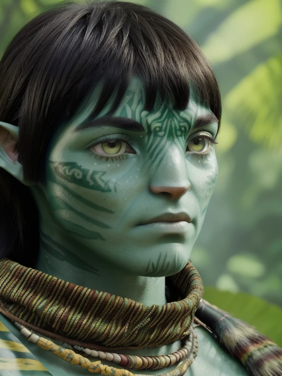 avatar style, (face portrait:1.6), naavi, 1boy, male, (silver eyes), (big eyes), ((eyebrowless)), pointy ears, (forest green skin tone:1.0), (straight hair:1.0), black hair color, ((bowlcut hair with bangs)), (young adult), 18 years old, face wrinkles, wearing colorful tribal clothing, (wearing tribal acessories), detailed eyes, toned body, muscled body, vibrant colors, glowing, ethereal atmosphere, surrealistic dreamy lighting, textured skin, otherworldly beauty, mesmerizing photography, (best quality, highres), vivid colors, ultrarealistic, skin details, striped skin, sfw, face close-up:0.5, ultradetailed body, ((green skin)), Brazilian Native, AvJakeSully