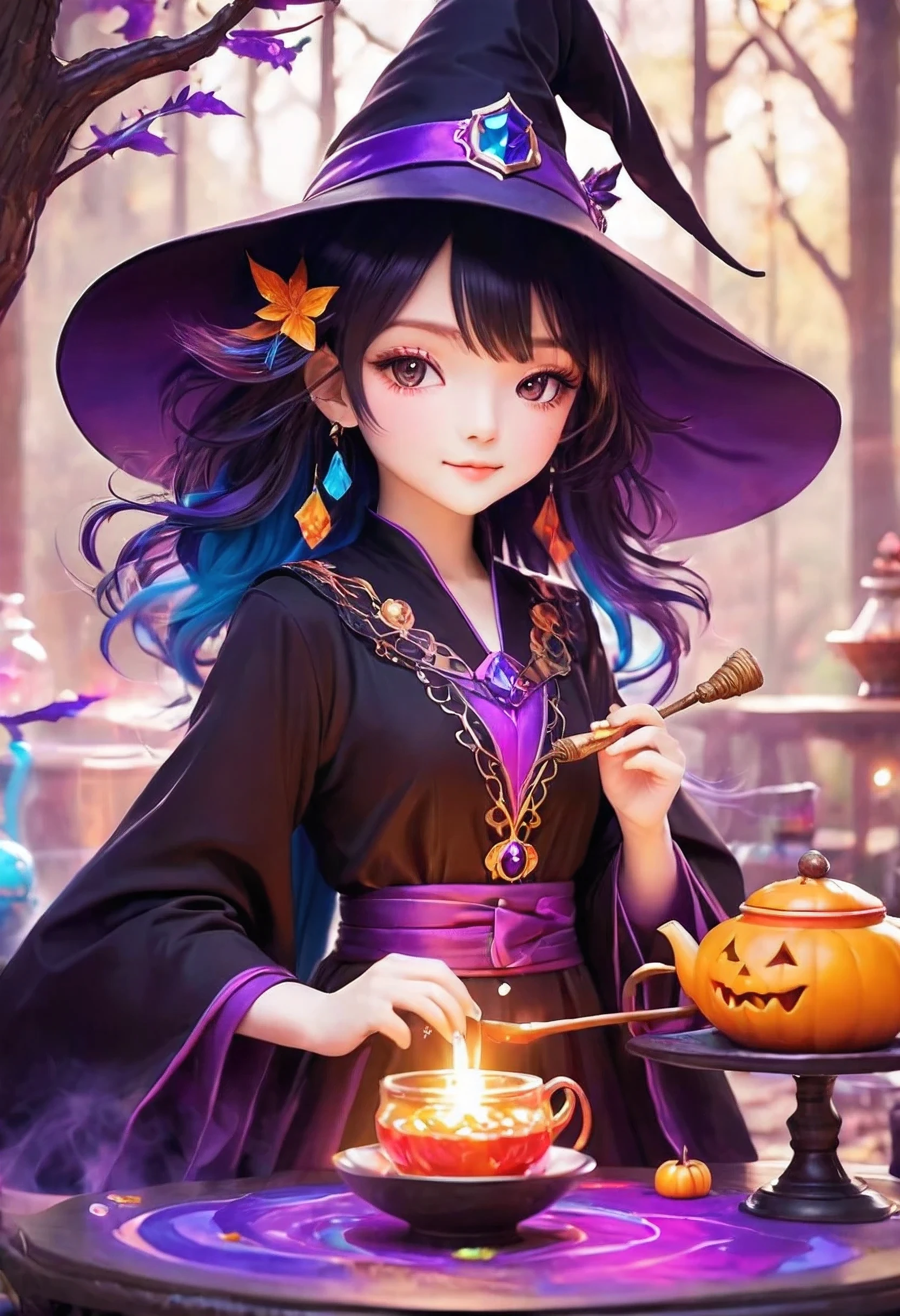 Masterpiece, best quality, chibi, wizard tea party, handsome male witch, beautiful witch, happy, vibrant, colorful
