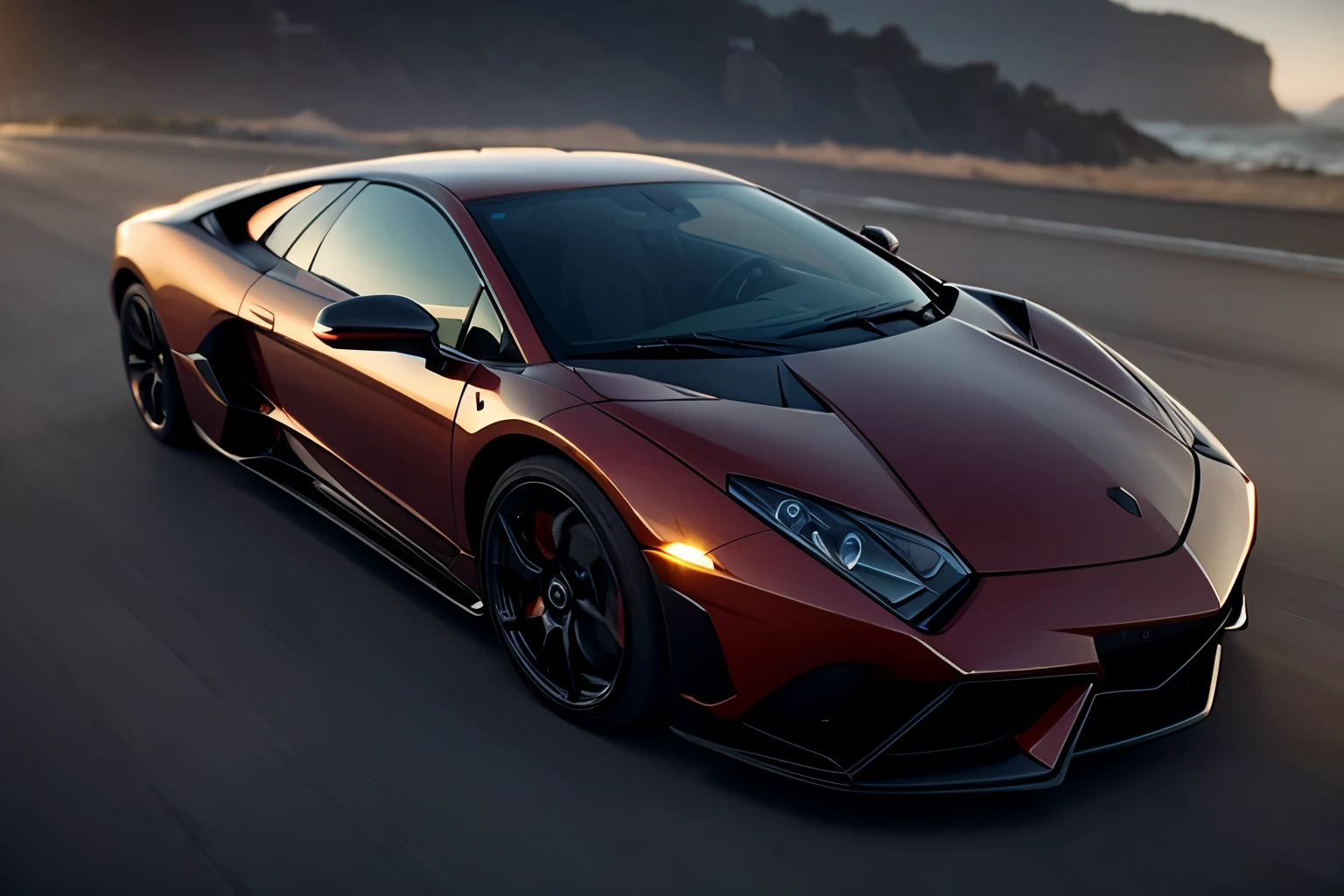 Supercar Lamborghinis driving past beautiful sunset beach, ( cinematic, film grain:1:1) 35mm lens