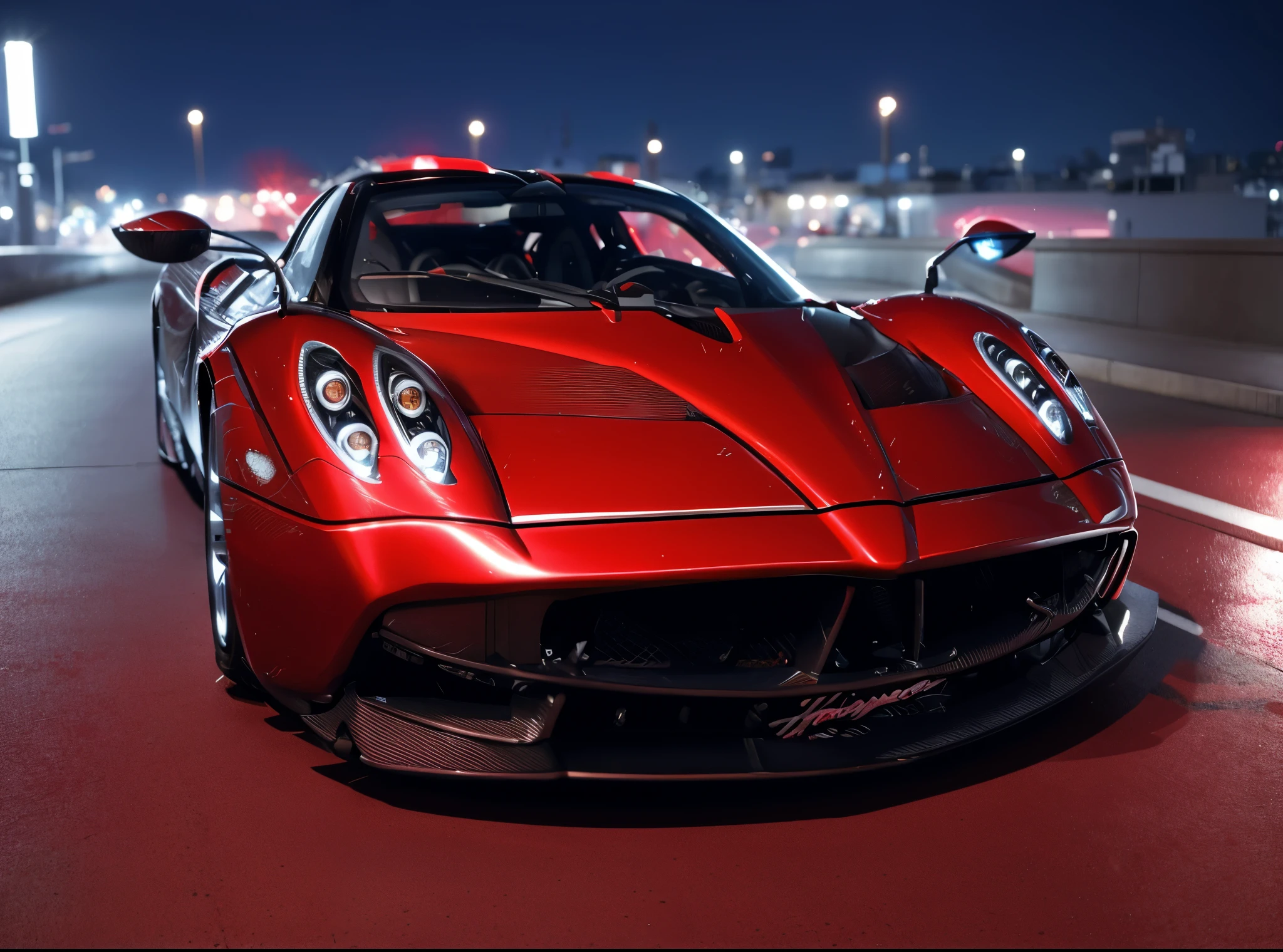 A Pagani huayra, color red, in a city tokyo, high quality photograph, sharp focus, bokeh, ligthing