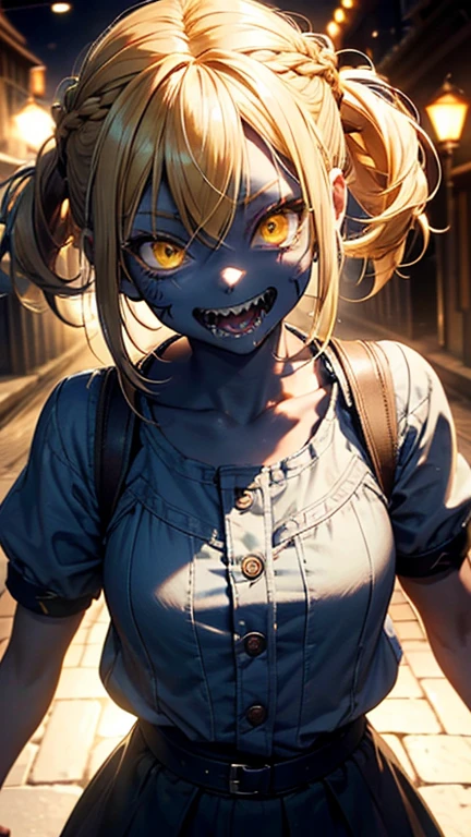 solo,1female\(cute,kawaii,,zombie,skin color blue,sharp teeth,big smile,open mouth big,fun,enjoy,dynamic pose,yellow eyes,big eyes,blonde hair,hair floating,braid hair,\),background\(outside,shiny,\),trying to eat viewer,comming to viewer,[nsfw:2.0],close up, BREAK ,quality\(8k,wallpaper of extremely detailed CG unit, ​masterpiece,hight resolution,top-quality,top-quality real texture skin,hyper realisitic,increase the resolution,RAW photos,best qualtiy,highly detailed,the wallpaper,cinematic lighting,ray trace,golden ratio,\),from above