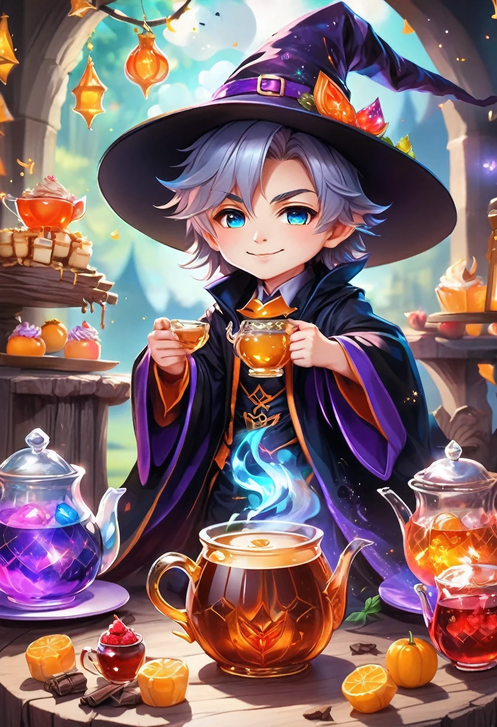 Masterpiece, best quality, chibi, wizard tea party, handsome male witch, beautiful witch, happy, vibrant, colorful