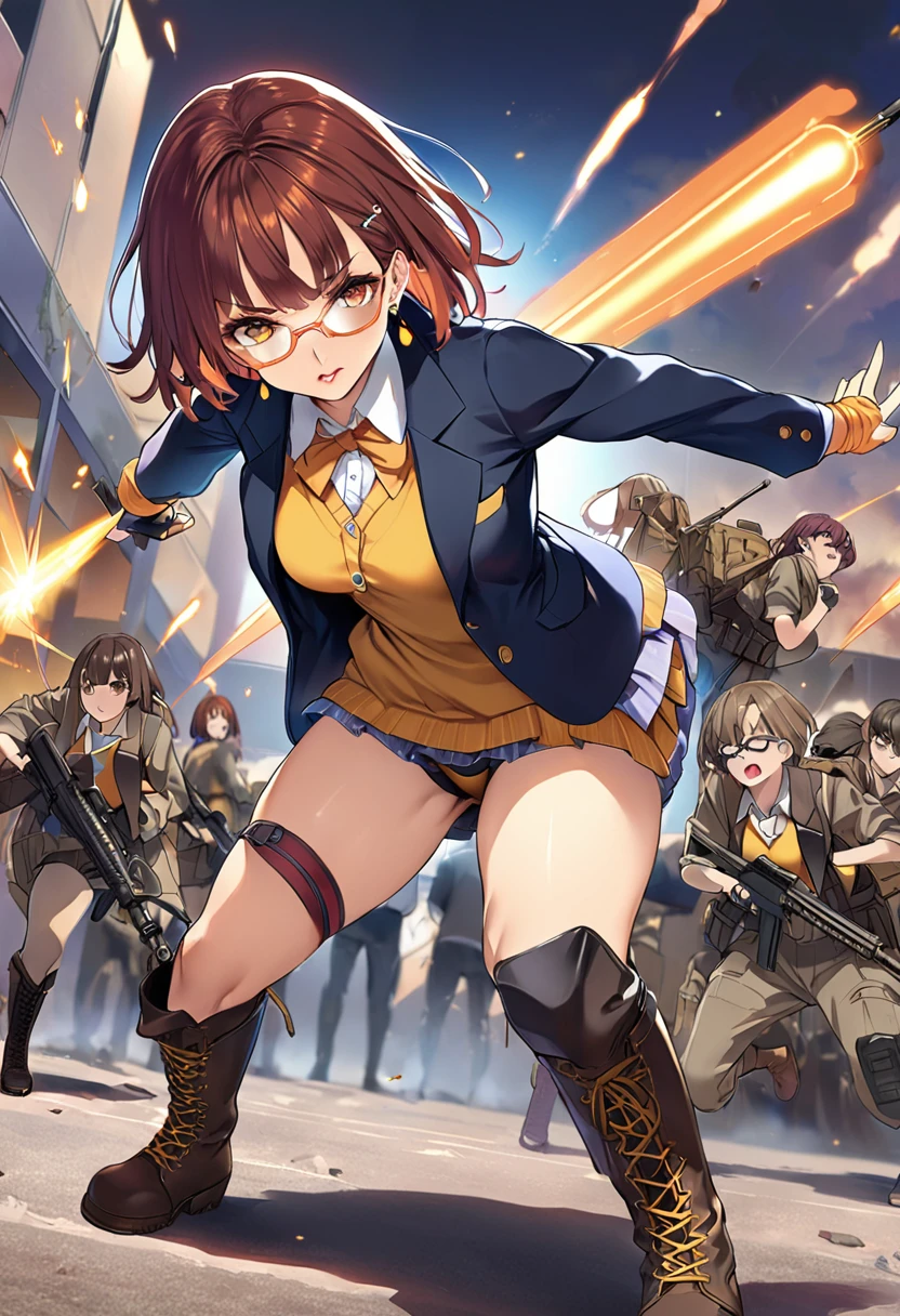 masterpiece、highest quality、Ultra-high resolution、Maximum resolution、Very detailed、Professional Lighting、anime、woman、thin、so beautiful、high school girl、blazer、Has a submachine gun、Mischievous、Reddish brown hair、Short Hair、Earrings、Fingerless Gloves、Beautiful eyes、Gloss Lip、Tactical Boots、Equipped with transparent orange shooting glasses、Equipped with a chest rig、Standing alone on the battlefield、Aggressive pose