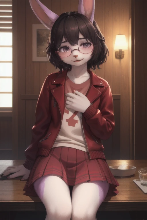Furry,cute boy,rabbit,light purple fur,curly black hair,red and white striped shirt,open red jacket,square purple skirt,circle purple glasses,only 1,femboy,(best quality,4k,8k,highres,masterpiece:1.2),ultra-detailed,(realistic,photorealistic,photo-realistic:1.37),vivid colors,portraits,soft and warm color tones,soft lighting
