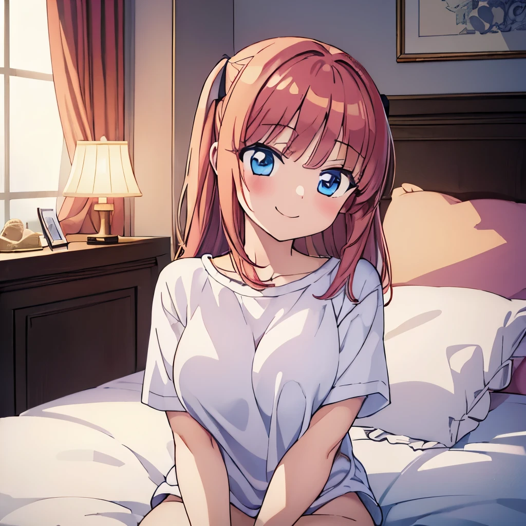 ((masterpiece)), ((best quality)), (ultra-detailed), anime style, on the bed, a cute girl, 1girl, solo, smile, underwear00