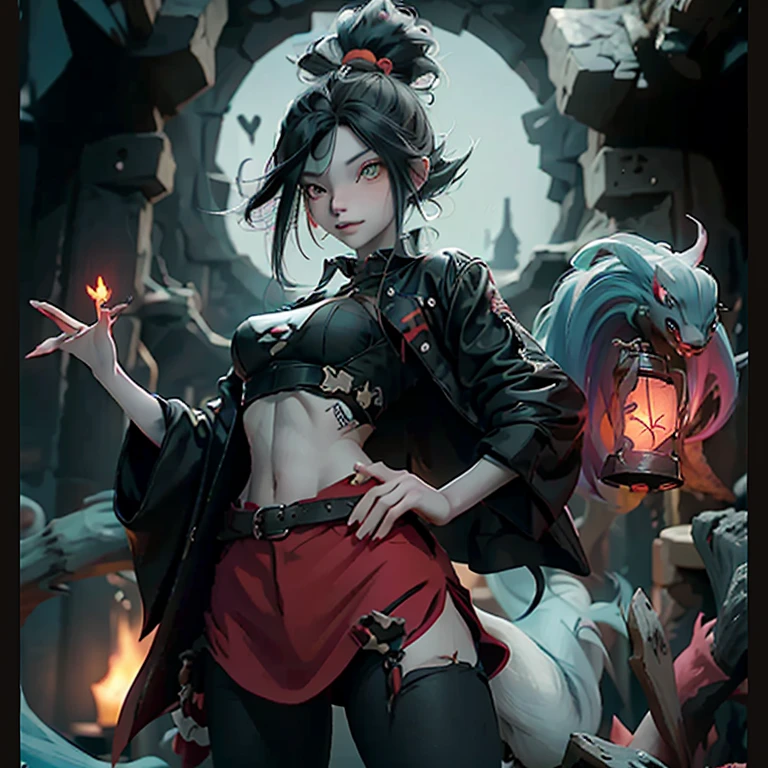 a detalhes neon red , black hair, yellow eyes, cartoon character standing on top of a brick, style of dragan bibin, gengar, loose fantasy clothing, stylized 3 d graphics, in style of tim burton, humanoid with crooked teeth, pale cyan and grey fabric, maxwell render, malevolent entity, draconic, coat, pillhead, john kenn mortensen
