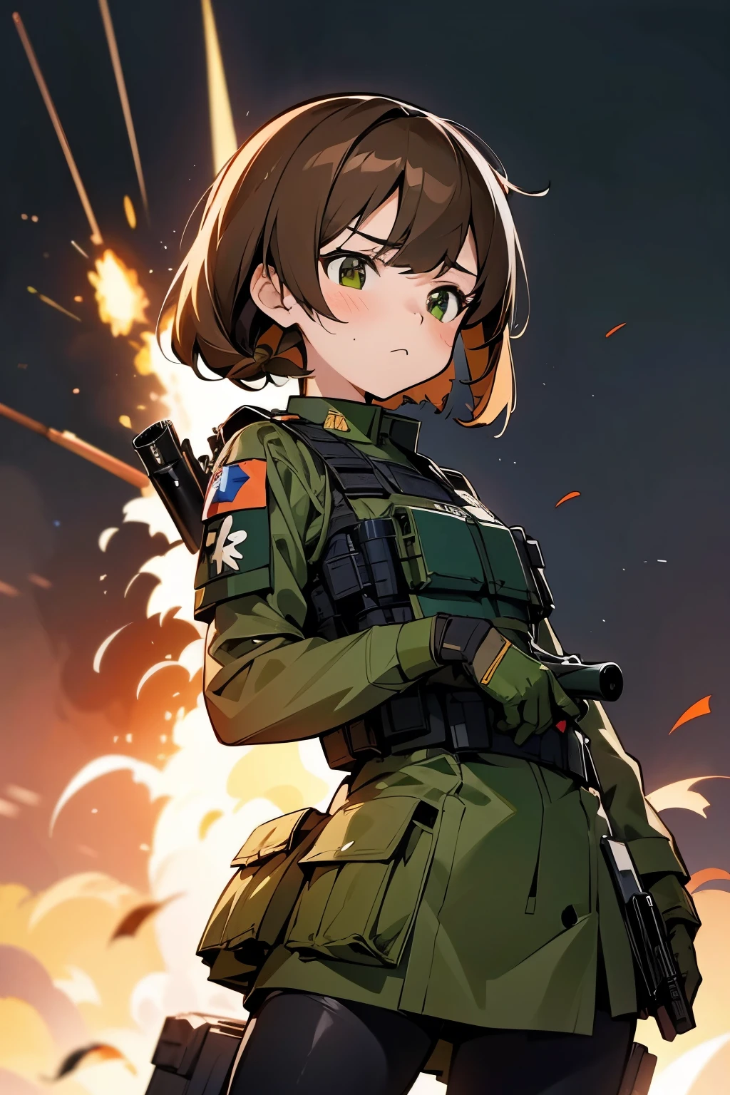 anime girl with brown hair, shy face,  small girl,  holding a submachine gun badass anime 8k, soldier girl, green military uniform, bulletproof vest, 4k anime style, 4k anime art wallpaper, 4k anime art wallpaper, , of a sniper girl in war, anime capture fire, infantry girl, 4k manga wallpaper, soldier girl
