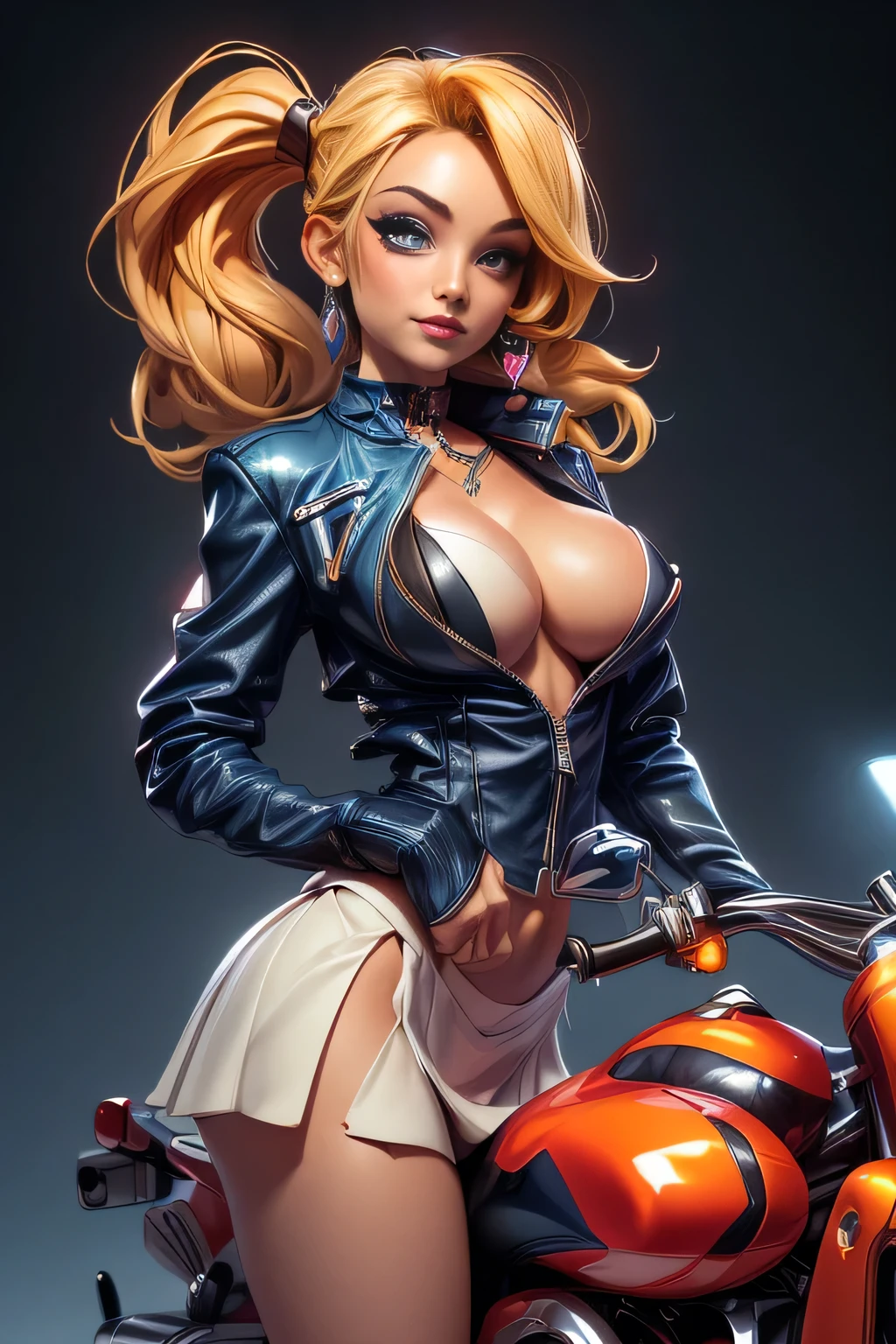 ((supermodel pose one hand on hip)) ((magnificent, majestic)) ((the most beautiful supermodel)) ((tan skin)) ((cute smile)) ((Big blue eyes)) ((very dark eyeshadows makeup)) ((bright red lips)), ((long straight blonde hair, bright hair:1.3)) ((big breast:1.5)) ((slender body:1.3)) ((wear leather jacket and skirt)) ((bikini bra)) ((inside photo studio with black background and light reflectors on her)), ((high definition:1.5) ((masterpiece:1.5))((8k:1.5)) ((Best quality:1.4)), more_details:-1, more_details:0, more_details:0.5, more_details:1, more_details:1.5, more prism, vibrant color, ((harley-davidson motorbike))