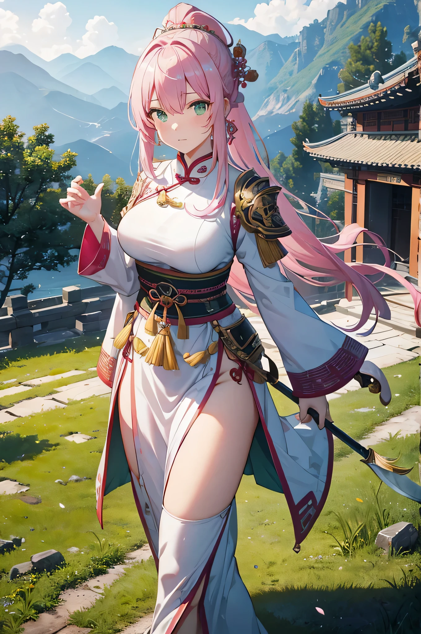 4k,High resolution,One Woman,Pink Hair,Long Ponytail,Green Eyes,Big Breasts,Ancient Chinese Generals,White ancient Chinese armor,Heavy Armor,Full Armor,White ancient Chinese dress,ancient chinese crown,Chinese Knife,ancient chinese castle town