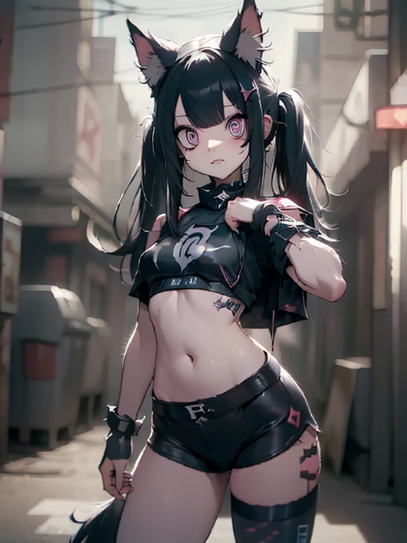 solo,1woman\(cute,kawaii,evil smile,floating hair,messy hair,(black hair:1.2),long hair,twin tails hair,pale skin,skin color blue,red eyes,eyes shining,big eyes,(ripped clothes:1.5),tight tube top,(breast:1.4),tight hot pants,(dynamic pose:1.7),(stomach shown:1.4),(punk fashion:1.4),fluffy black cat-ear,(dynamic pose:1.4),open mouth,better hands,Perfect Hands\), BREAK ,background\(outside,noisy city,backstreet,narrow street,(dark:2.0),neon lights\),[chibi],[nsfw:2.0],quality\(8k,wallpaper of extremely detailed CG unit, ​masterpiece,hight resolution,top-quality,top-quality real texture skin,hyper realisitic,increase the resolution,RAW photos,best qualtiy,highly detailed,the wallpaper/),(close up:1.0)