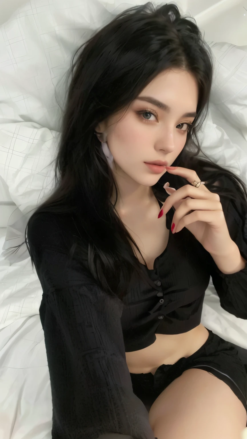 Arafed woman wearing black top and shorts sitting on bed talking on cell phone, 2 4 year old female model, Kailee Mandel, 18 years, charli bowater, violeta myers, anna nikonova aka new milkmaid, sexy look at the camera, 🤤 girl portrait, modelo de instagram, pale and light skin!!, sentado en la cama, mirada sexy, rostro lindo de modelo