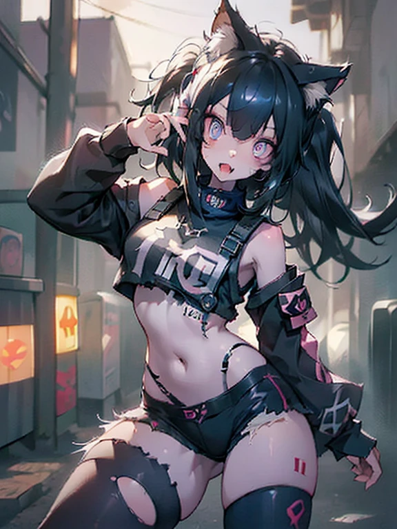 solo,1woman\(cute,kawaii,evil smile,floating hair,messy hair,(black hair:1.2),long hair,twin tails hair,pale skin,skin color blue,red eyes,eyes shining,big eyes,(ripped clothes:1.5),tight tube top,(breast:1.4),tight hot pants,(dynamic pose:1.7),(stomach shown:1.4),(punk fashion:1.4),fluffy black cat-ear,(dynamic pose:1.4),open mouth,better hands,Perfect Hands\), BREAK ,background\(outside,noisy city,backstreet,narrow street,(dark:2.0),neon lights\),[chibi],[nsfw:2.0],quality\(8k,wallpaper of extremely detailed CG unit, ​masterpiece,hight resolution,top-quality,top-quality real texture skin,hyper realisitic,increase the resolution,RAW photos,best qualtiy,highly detailed,the wallpaper/),(close up:1.0)