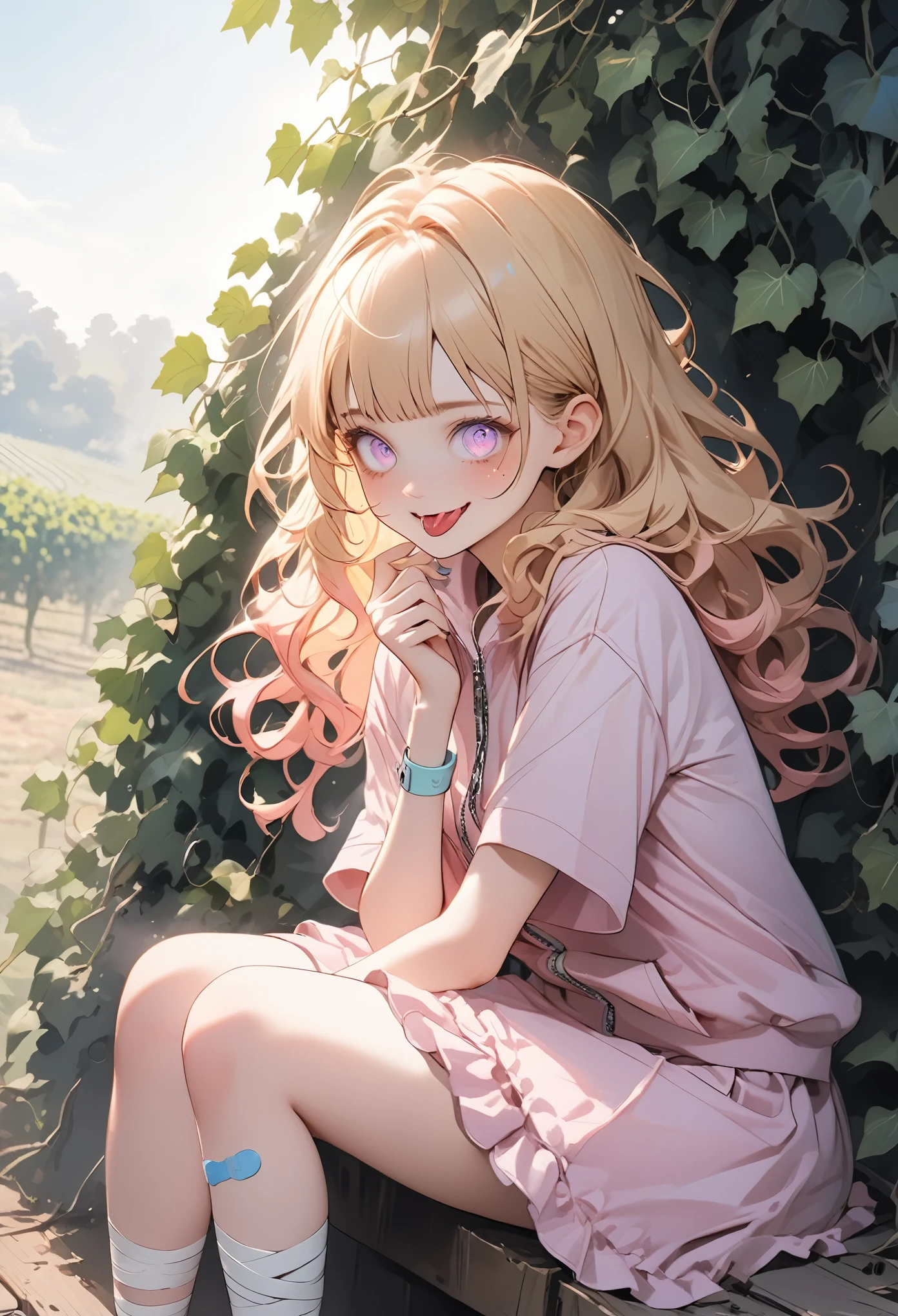 ((Masterpiece)), ((best quality)), (Anime:1.3), (Professional Photography:1.3), (High Definition:1.3), 1girl, girl, (sitting on the step), (frizzy hair), beautiful blonde hair, (loose blunt bangs), Slender thighs, (sticking out tongue), (smug), (open mouth), Beautiful diamond eyes, (heart-shaped pupils), (zip up), pale pink clothing, (ruffled skirt), lonely expression, (in The grapevine vineyard), Massively bandaged arm, (fansy band aid), band aid on legs, (mist effect:1.3), pastel colors, kawaii, cute colors, (ringed eyes),