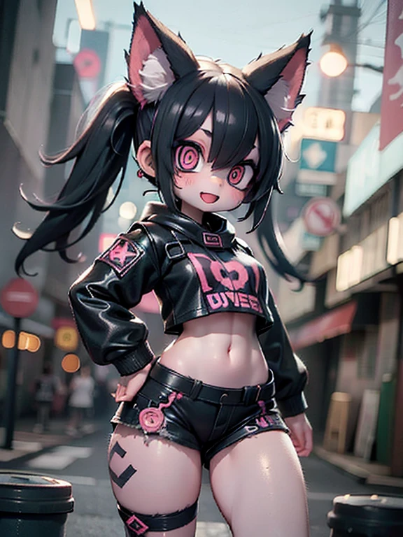 solo,1woman\(cute,kawaii,evil smile,floating hair,messy hair,(black hair:1.2),long hair,twin tails hair,pale skin,skin color blue,red eyes,eyes shining,big eyes,(ripped clothes:1.5),tight tube top,(breast:1.4),tight hot pants,(dynamic pose:1.7),(stomach shown:1.4),(punk fashion:1.4),fluffy black cat-ear,(dynamic pose:1.4),open mouth,better hands,Perfect Hands\), BREAK ,background\(outside,noisy city,backstreet,narrow street,(dark:2.0),neon lights\),[chibi],[nsfw:2.0],quality\(8k,wallpaper of extremely detailed CG unit, ​masterpiece,hight resolution,top-quality,top-quality real texture skin,hyper realisitic,increase the resolution,RAW photos,best qualtiy,highly detailed,the wallpaper/),(close up:1.0)