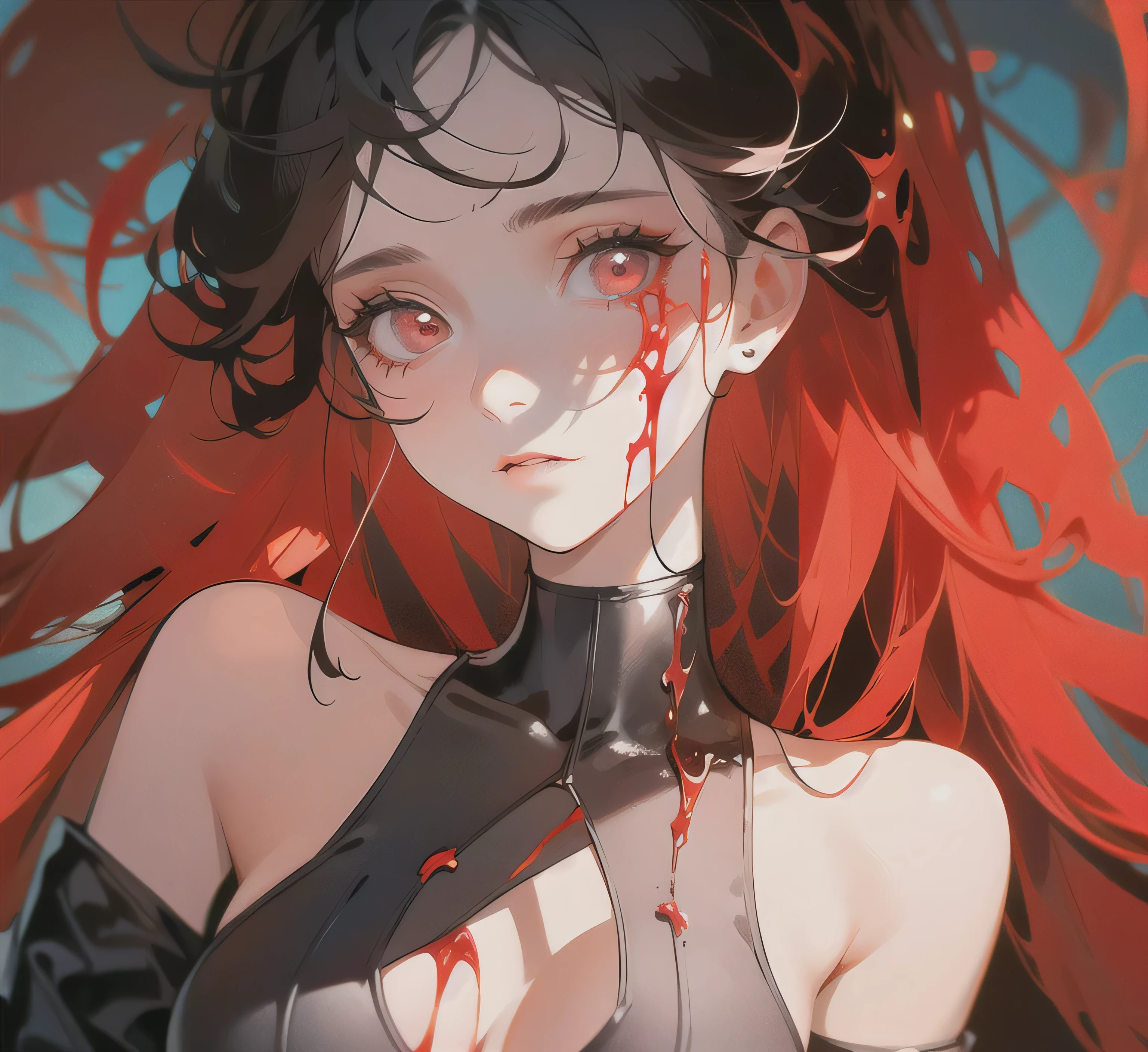 (best quality,4k,highres,masterpiece:1.2),a girl covered in blood,dark atmosphere,detailed face with blood stains,red grungy scene,horror,creepy lighting,vivid colors,gothic style,macabre,expressionless face,sharp focus,haunting presence,dripping blood,empty eyes,long dark hair,ragged clothes,lonely figure in a desolate landscape