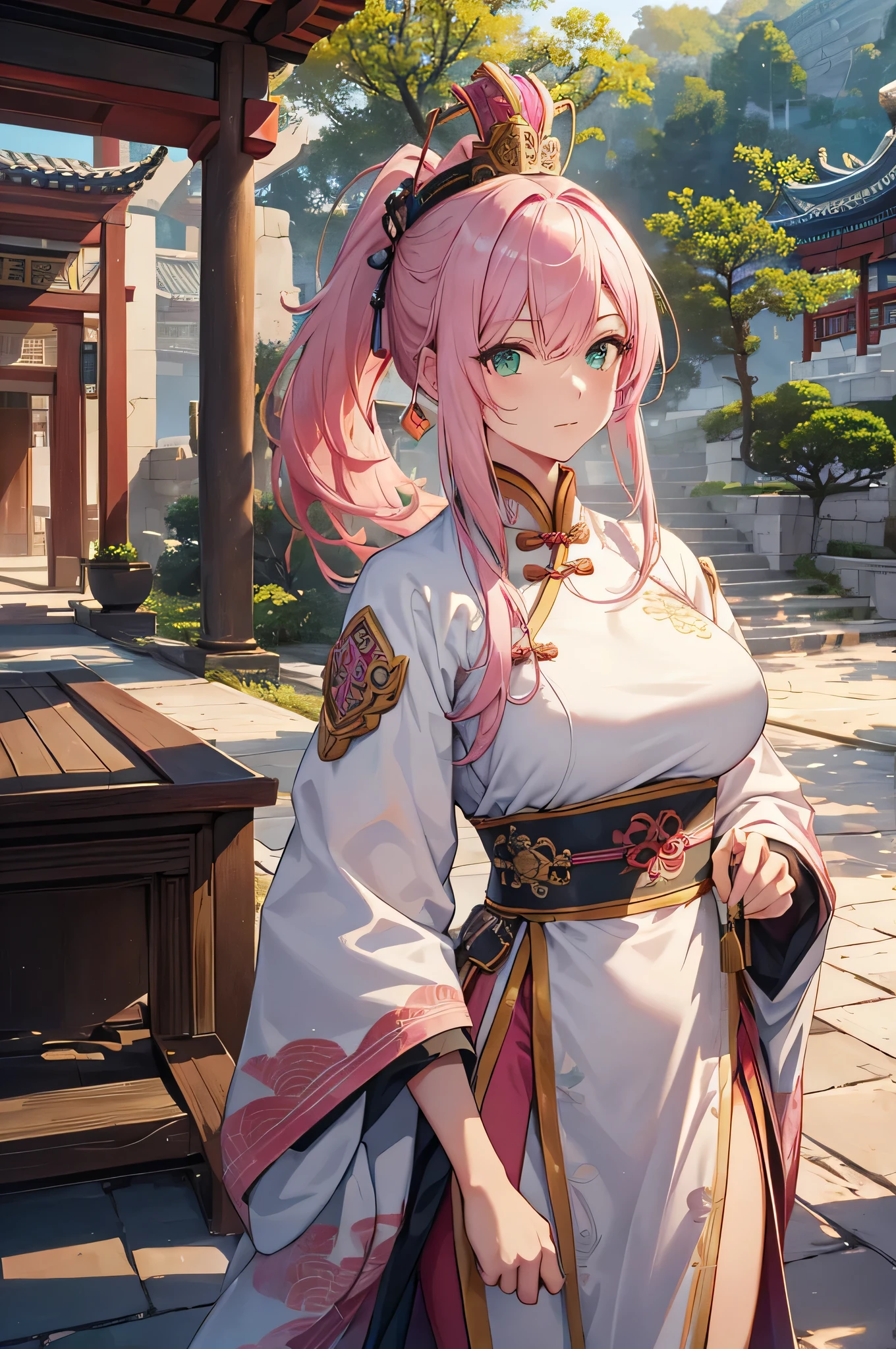 4k,High resolution,One Woman,Pink Hair,Long Ponytail,Green Eyes,Big Breasts,Ancient Chinese Generals,White ancient Chinese armor,Heavy Armor,Full Armor,White ancient Chinese dress,ancient chinese crown,Long sword,ancient chinese castle town