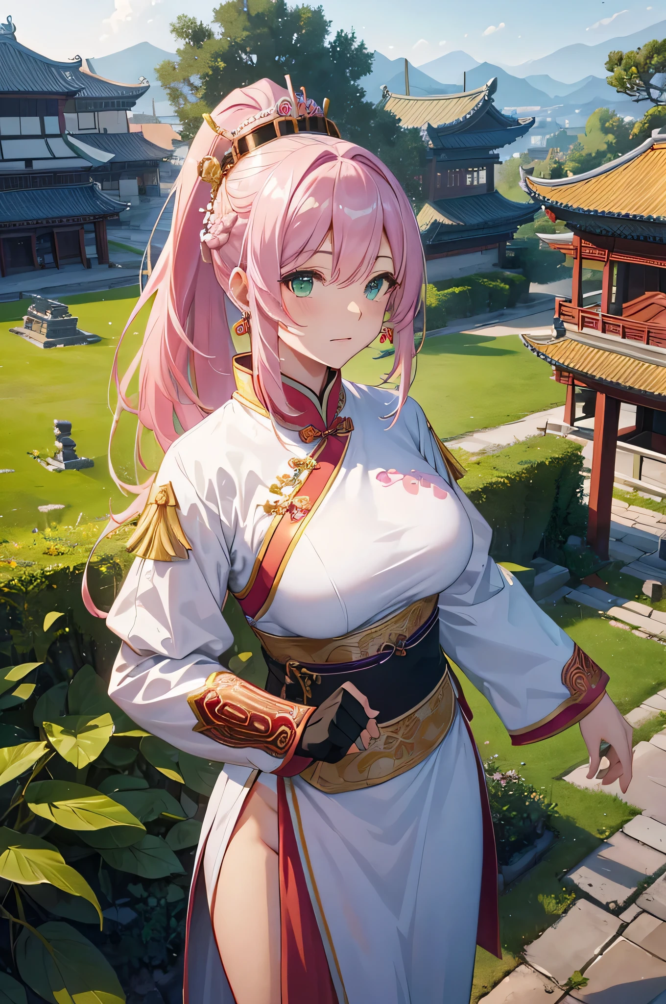 4k,High resolution,One Woman,Pink Hair,Long Ponytail,Green Eyes,Big Breasts,Ancient Chinese Generals,White ancient Chinese armor,Heavy Armor,Full Armor,White ancient Chinese dress,ancient chinese crown,Long sword,ancient chinese castle town