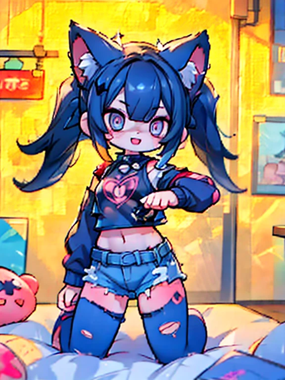 solo,1woman\(cute,kawaii,small kid,evil smile,floating hair,messy hair,(black hair:1.2),long hair,twin tails hair,pale skin,skin color blue,red eyes,eyes shining,big eyes,(ripped clothes:1.5),tight tube top,(breast:1.4),tight hot pants,(dynamic pose:1.7),(stomach shown:1.4),(punk fashion:1.4),fluffy black cat-ear,(dynamic pose:1.4),open mouth,better hands,Perfect Hands\), BREAK ,background\(outside,noisy city,backstreet,narrow street,(dark:2.0),neon lights\),[chibi],[nsfw:2.0],quality\(8k,wallpaper of extremely detailed CG unit, ​masterpiece,hight resolution,top-quality,top-quality real texture skin,hyper realisitic,increase the resolution,RAW photos,best qualtiy,highly detailed,the wallpaper/),(close up:1.0)