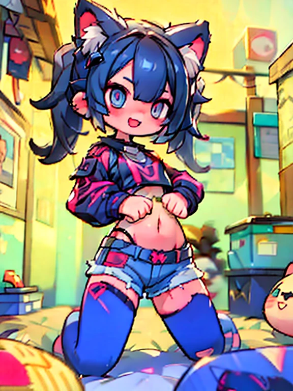 solo,1woman\(cute,kawaii,small kid,evil smile,floating hair,messy hair,(black hair:1.2),long hair,twin tails hair,pale skin,skin color blue,red eyes,eyes shining,big eyes,(ripped clothes:1.5),tight tube top,(breast:1.4),tight hot pants,(dynamic pose:1.7),(stomach shown:1.4),(punk fashion:1.4),fluffy black cat-ear,(dynamic pose:1.4),open mouth,better hands,Perfect Hands\), BREAK ,background\(outside,noisy city,backstreet,narrow street,(dark:2.0),neon lights\),[chibi],[nsfw:2.0],quality\(8k,wallpaper of extremely detailed CG unit, ​masterpiece,hight resolution,top-quality,top-quality real texture skin,hyper realisitic,increase the resolution,RAW photos,best qualtiy,highly detailed,the wallpaper/),(close up:1.0)