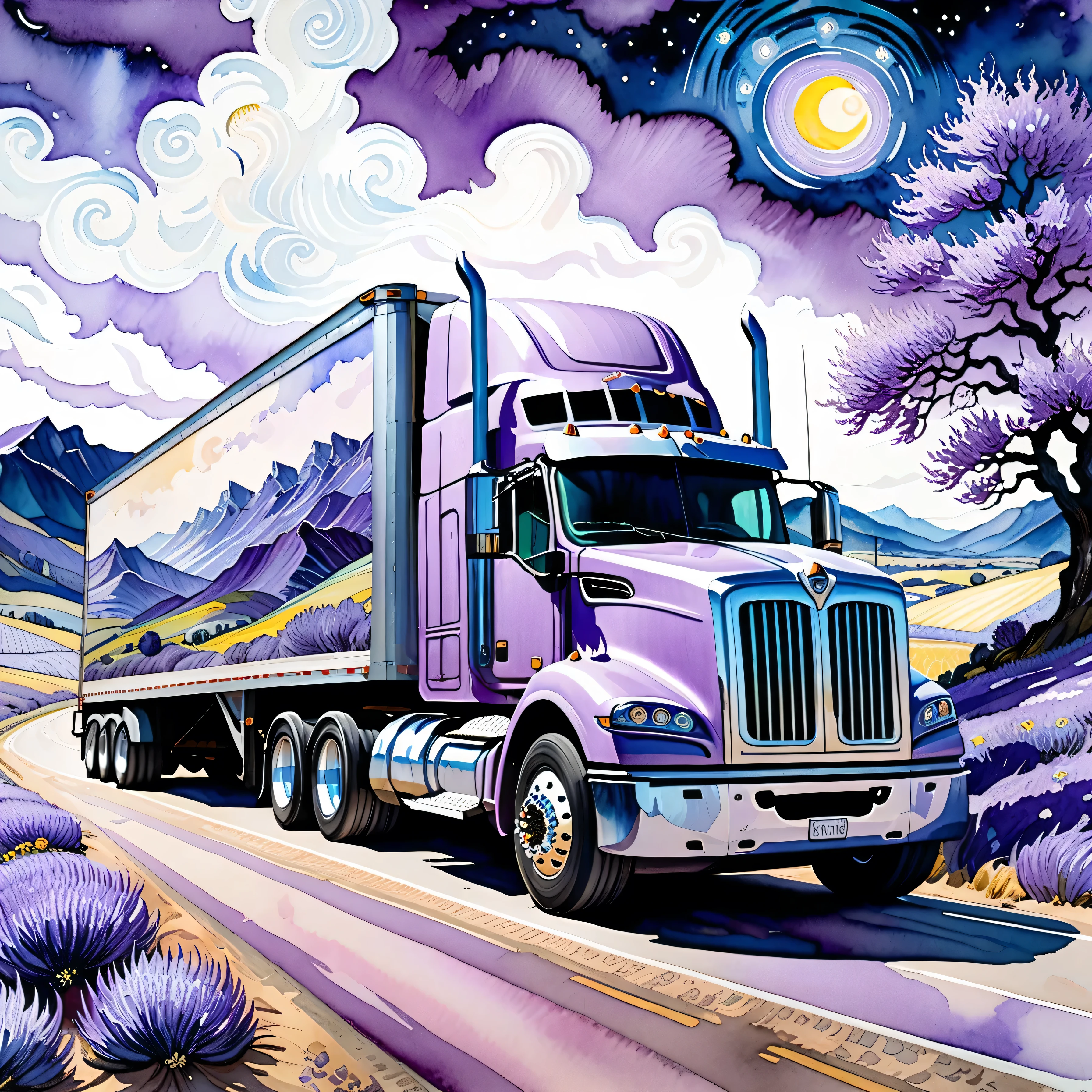 a fantasy landscape with an 18-wheeler semi truck in a light purple color, van gogh style, Watercolor, trending on artstation, sharp focus, studio photo, intricate details, highly detailed, by greg rutkowski
