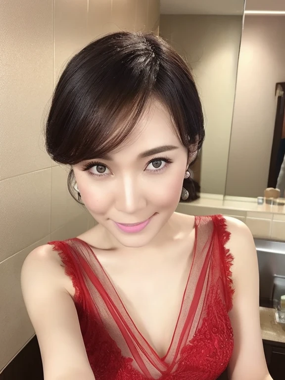 One beautiful woman, high resolution, wallpaper 8K screen, top quality, realistic, super detailed, fine, perfect dynamic composition, (1 Japanese mature woman touching up her makeup in the restroom), (48 years old), ((Realistic skin texture)), (Fine wrinkles throughout the skin: 1.3), (Dull skin: 1.1), (Skin without moisture: 1.2) , (Wrinkles on the face: 0.9), (Wrinkles on the corners of the eyes: 1.2), Double eyelids, tear bags on the lower eyelids, (Crying moles: 0.9), serious gaze, (Dimples: 1.2), sharpness, detailed and beautiful eyes, short hairstyle, thin hair, detailed and realistic skin texture, smile, A loose dress made of soft fabric, (backless dress: 1.2), (red sheer cocktail dress: 1.2), high heels, slender body shape with small breasts, Focus from the waist up, (Portrait focusing on the upper body: 1.4), (Angle from feet: 1.4),