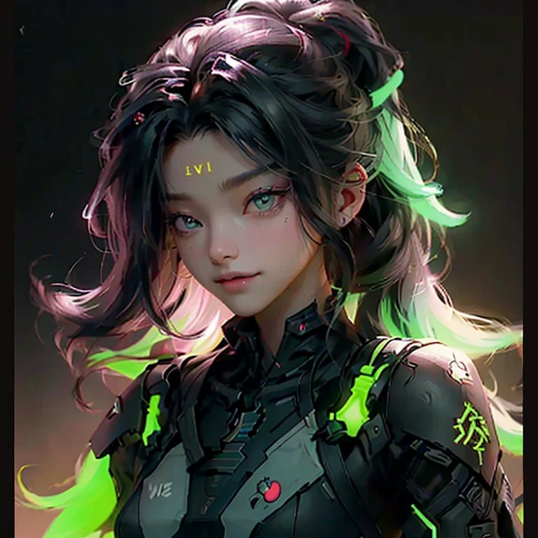 Girl beautiful hair whit e black, soldier futuristic Nijiexpressive_VI,  detailed neon dark Whitney, cinza, light from dark fantasy,  bichinhos redondos neon green e red sorridentes voadores