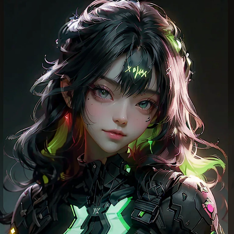 Girl beautiful hair whit e black, soldier futuristic Nijiexpressive_VI, detailed neon dark Whitney, cinza, light from dark fantasy, bichinhos redondos neon green e red sorridentes voadores