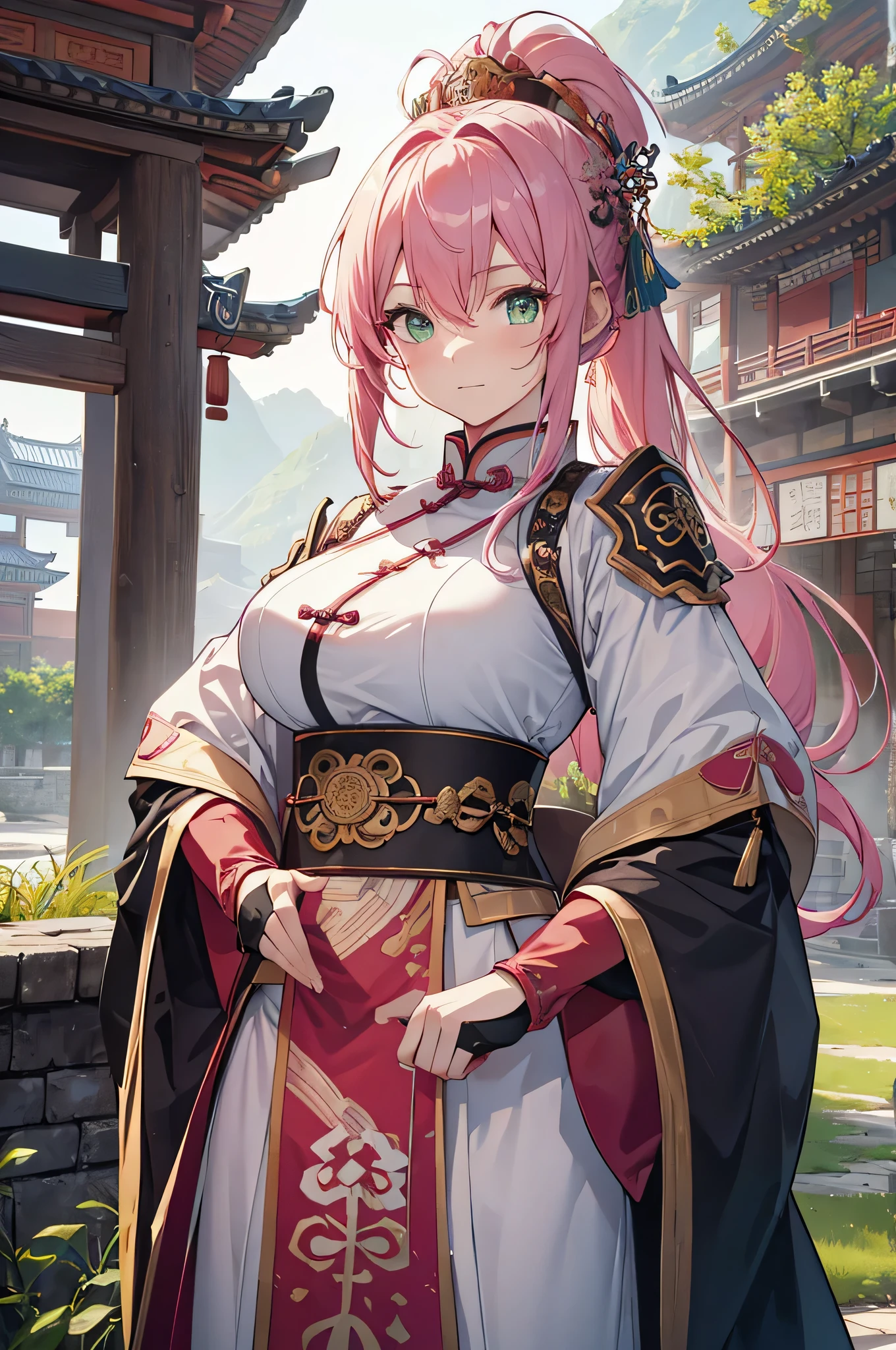 4k,High resolution,One Woman,Pink Hair,Long Ponytail,Green Eyes,Big Breasts,Ancient Chinese Generals,White ancient Chinese armor,Heavy Armor,Full Armor,ancient chinese crown,Long sword,ancient chinese castle town