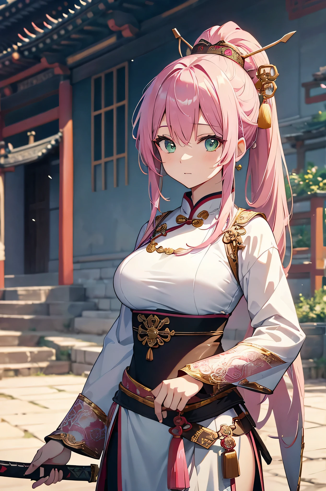 4k,High resolution,One Woman,Pink Hair,Long Ponytail,Green Eyes,Big Breasts,Ancient Chinese Generals,White ancient Chinese armor,Heavy Armor,Full Armor,ancient chinese crown,Long sword,ancient chinese castle town