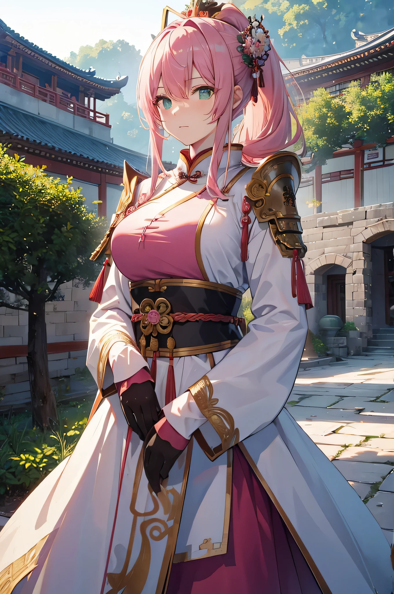 4k,High resolution,One Woman,Pink Hair,Long Ponytail,Green Eyes,Big Breasts,Ancient Chinese Generals,White ancient Chinese armor,Heavy Armor,Full Armor,ancient chinese crown,Long sword,ancient chinese castle town