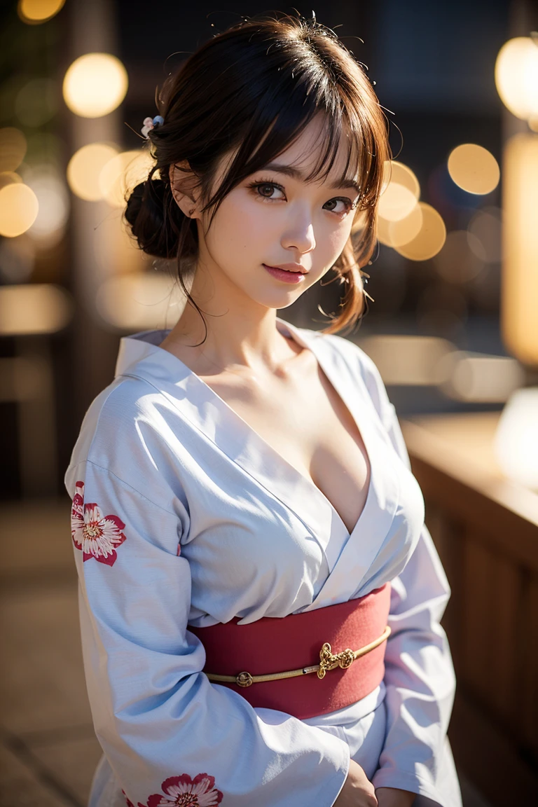(masutepiece, Best Quality:1.4), Beautiful face, 8K, 85 mm, absurderes, (floral pattern yukata:1.4), The upper part of the body, Exposing breasts、 violaceaess, gardeniass, Delicate girl, Solo, Night, Looking at Viewer, Upper body, Film grain, chromatic abberation, Sharp Focus, face lights, Professional Lighting, Sophisticated, (Smile:0.4), cleavage, (Simple background, Bokeh background:1.2), Detail Face