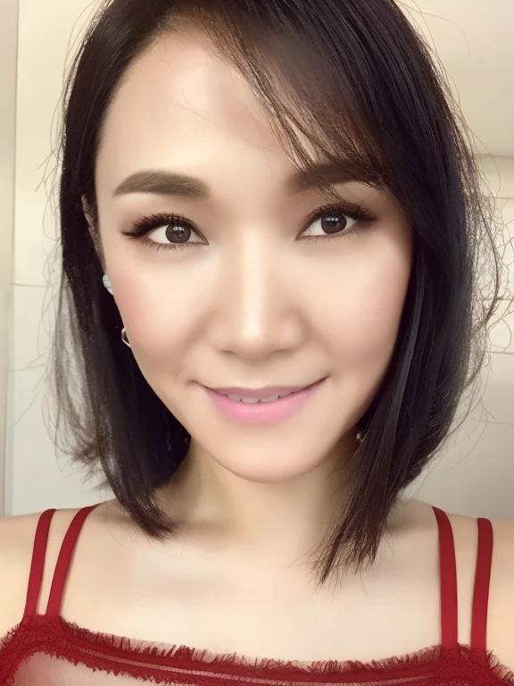 One beautiful woman, high resolution, wallpaper 8K screen, top quality, realistic, super detailed, fine, perfect dynamic composition, (1 Japanese mature woman touching up her makeup in the restroom), (48 years old), ((Realistic skin texture)), (Fine wrinkles throughout the skin: 1.3), (Dull skin: 1.1), (Skin without moisture: 1.2) , (Wrinkles on the face: 0.9), (Wrinkles on the corners of the eyes: 1.2), Double eyelids, tear bags on the lower eyelids, (Crying moles: 0.9), serious gaze, (Dimples: 1.2), sharpness, detailed and beautiful eyes, short hairstyle, thin hair, detailed and realistic skin texture, smile, A loose dress made of soft fabric, (backless dress: 1.2), (red sheer cocktail dress: 1.2), high heels, slender body shape with small breasts, Focus from the waist up, (Portrait focusing on the upper body: 1.4),