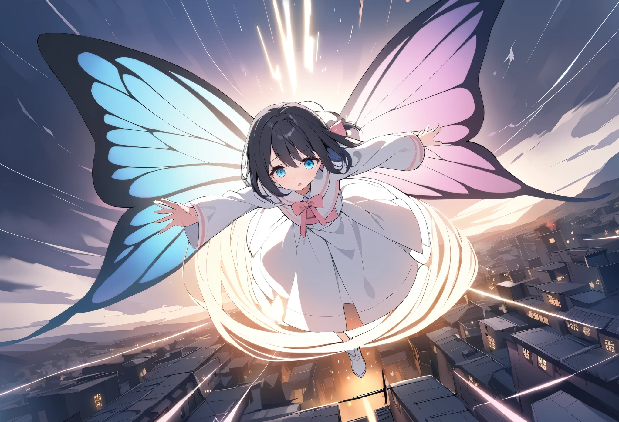 best quality, masterpiece, ultra resolution, super details, anatomically correct, 1 girl, solo, , (black hair:1.2), high quality eyes, high quality hands, (clear deep blue eyes:1.3), (medium hair), loose hair, no hair ornaments, white dress with pink edge, (white caplet:1.3), (large collar bow:1.3), long sleeves, (wide cuffs:1.3), pink obi, (long skirt:1.4), (white soft ankle boots:1.2), (huge swallowtail butterfly wings:1.3), (wings of colorful light:1.3), spreading wings, (levitating), legs together, flying in the storm, staring eyes, (calling out), (anxious), (one hand reaching forward:1.3), above a town, visible wind streams, high quality background, depth of field