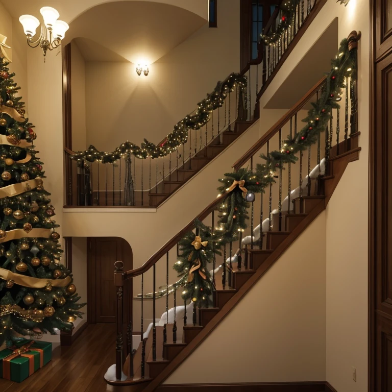Escada (lateralmente, with handrail) in a room with a Christmas tree in the background
