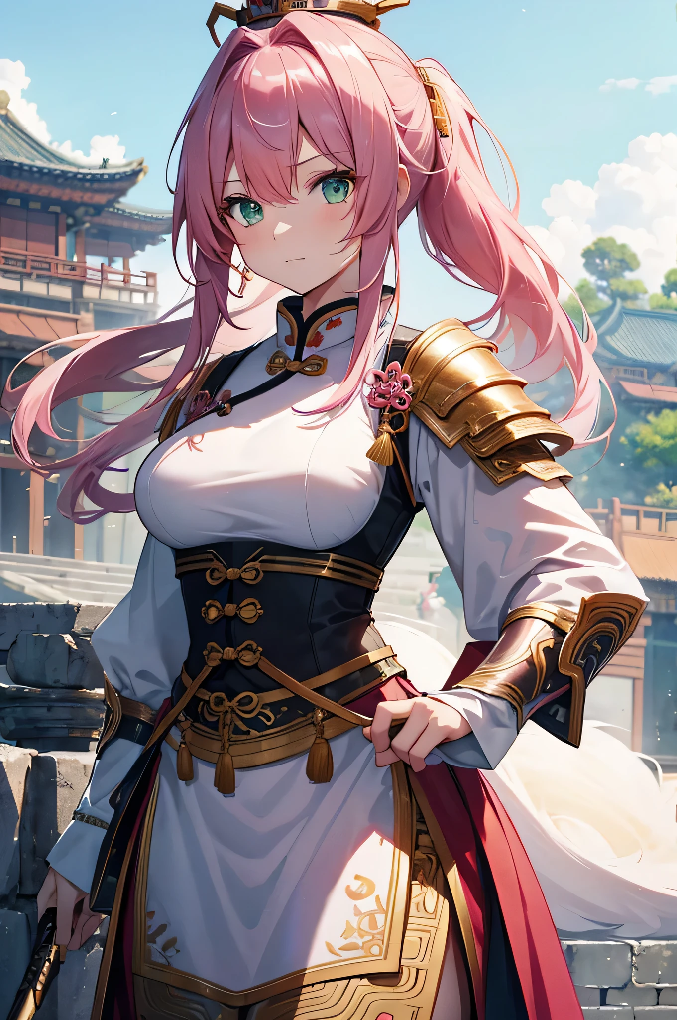 4k,High resolution,One Woman,Pink Hair,Long Ponytail,Green Eyes,Big Breasts,Ancient Chinese Generals,White ancient Chinese armor,Heavy Armor,Full Armor,ancient chinese crown,Long sword,ancient chinese castle town