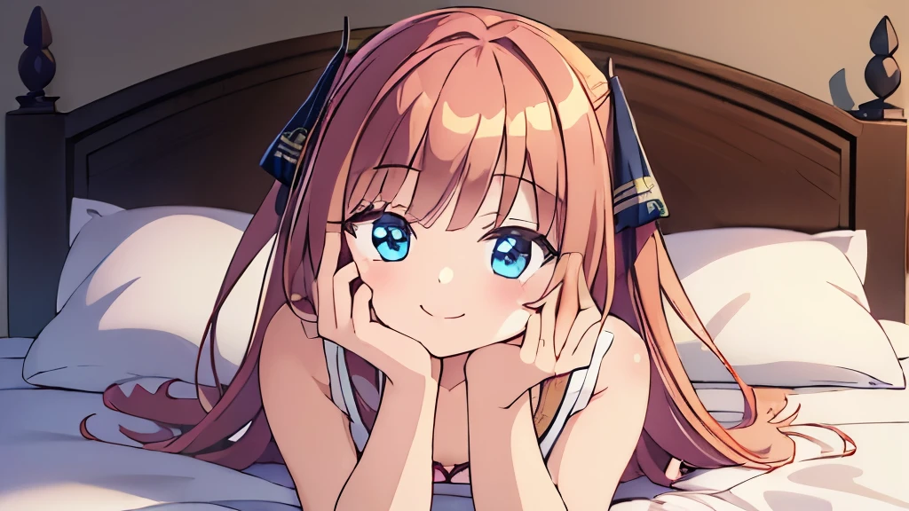 ((masterpiece)), ((best quality)), (ultra-detailed), anime style, on the bed, a cute girl, 1girl, solo, smile, underwear00