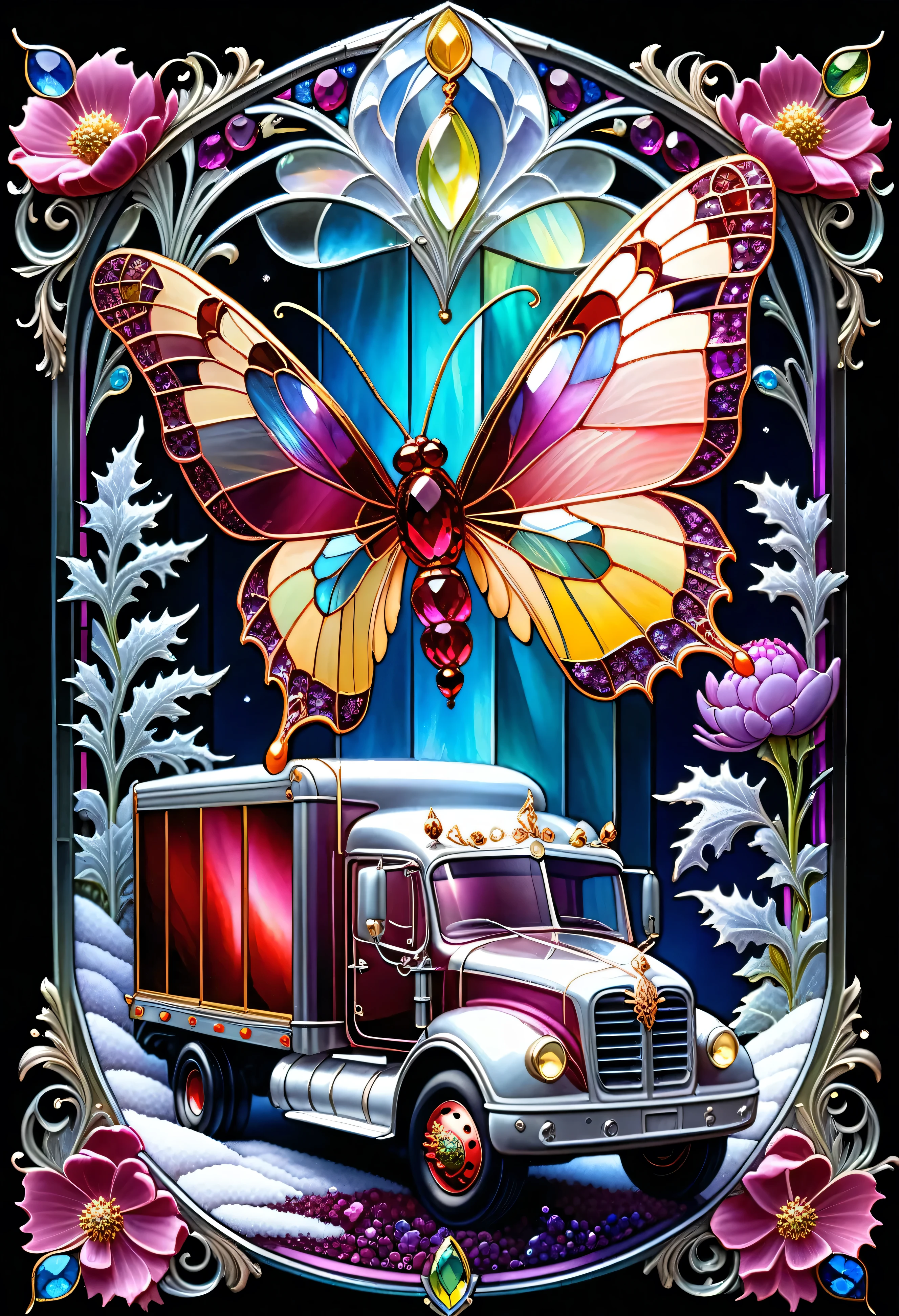 triadic colors, cinematic, official art, close fairytale transparent glass moth ruby peony semi trucks, ice hoarfrost, baroque, Craola, highly detailed stained glass semi truck, amethyst crystals, labradorite iridescent crystals, Andy Kehoe, John Blanche, complex highly detailed background,  book detailed illustration, fantasy, filigree, filigree detailed, intricated, cute