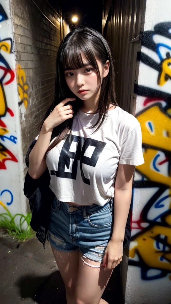 muster piece, best quality, illustration, Super detailed, fine details, High resolution, 8K,wall paper, perfect dynamic composition,(Details High quality, realistic depiction of eyes:1.3),  (Japanese age girl standing in a dirty back alley at night, graffitied wall:1.1), (wearing a tattered and dirty t-shirt.:1.1), Wearing baggy pants, dirty body, black hair color, Big Natural Color Lip,  seductive face, provocative look, crying a little、cold gaze, Harajuku style、(graffiti), night time, 20 year old girl、cute type、loliGravure Idol, full body photo、focus on crotch, (huge breasts)