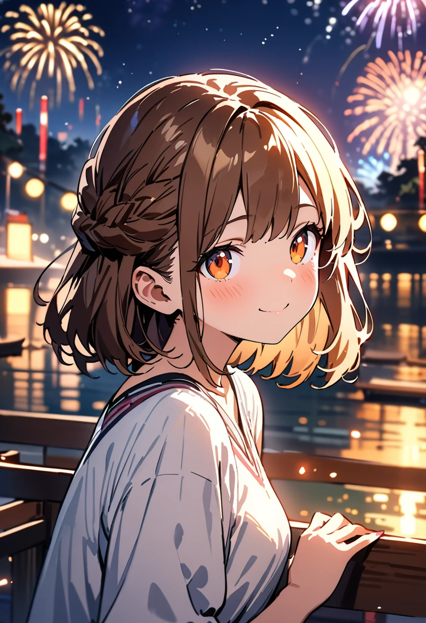 (masterpiece, best quality, highly detailed, absurdres:1.3), (1girl, cute, charming, detailed beautiful face:1.3), shiny brown hair, french braid hair, smile, looking up, (fantastic illustration, beautiful detail, best quality, top quality, fain touch outline:1.3), watercolor, beautiful detail, fireworks, night sky, clear, tangle