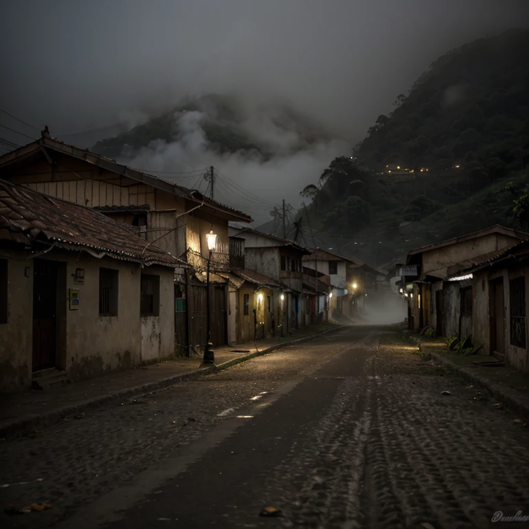 very dark Brazilian village with dense and macabre fog, onde no solo tem uma sombra de 5 homens