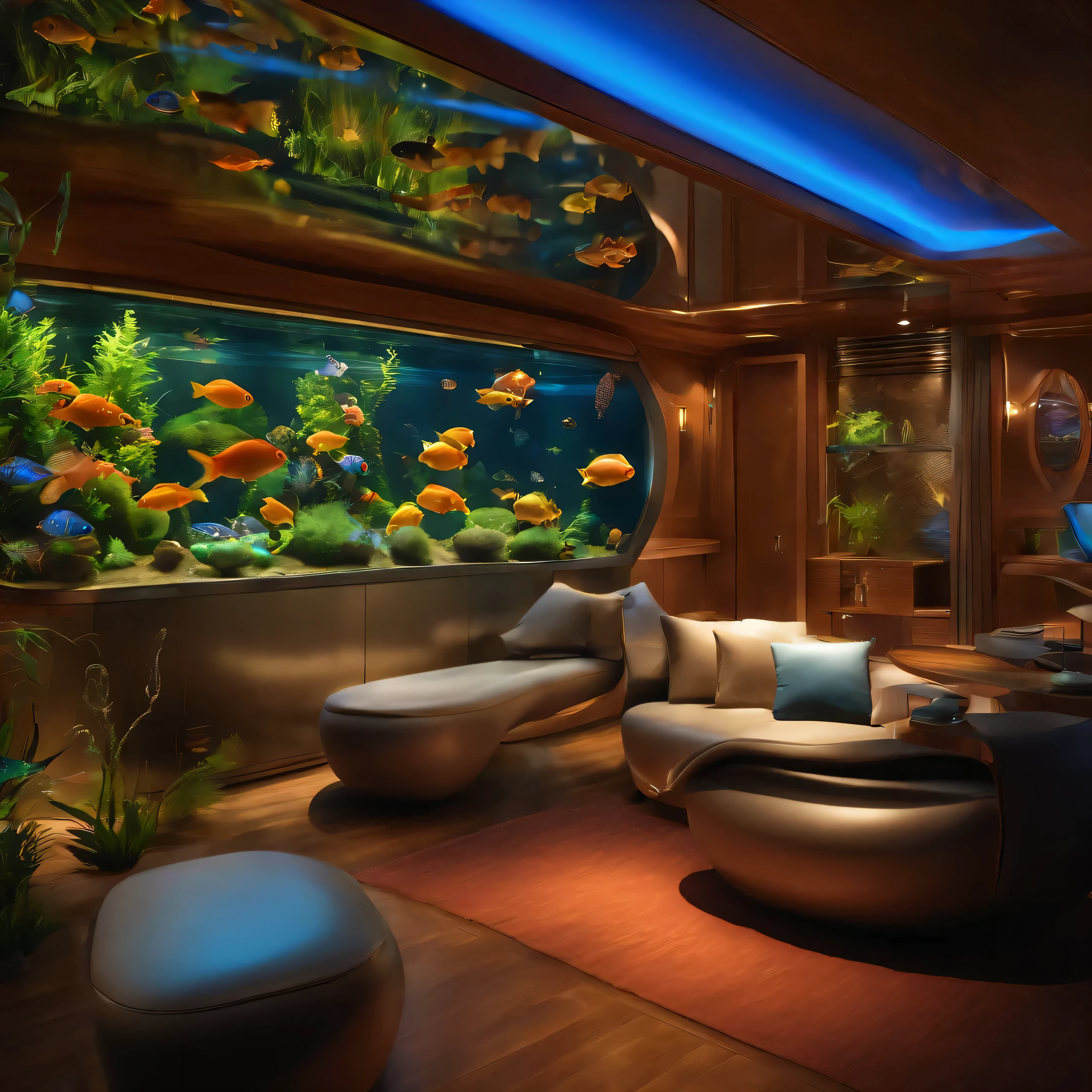 futuristic cozy interior design with high level of detail, one wall consists of a fish tank  in shape of a semi truck loaded with colorful fish, HDR, --ar 16:9 --s 750 --v 5.1