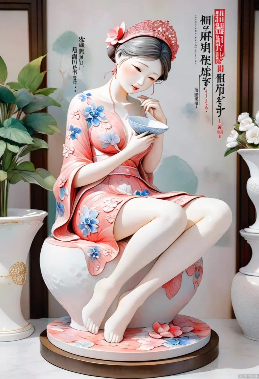 Magazine cover(masterpiece, best quality:1.2) ，Artistic statues，3D Sculpture，ceramics，Watercolor pattern， whole body（8k）