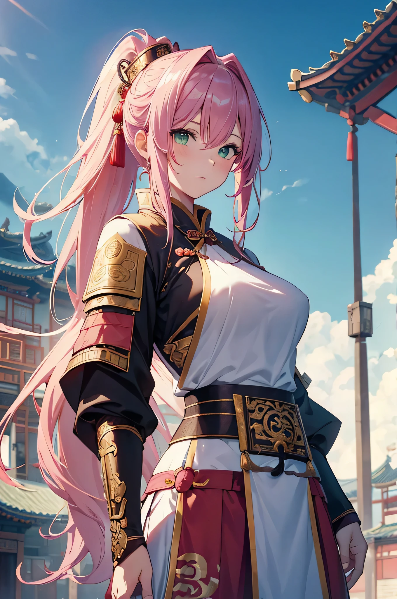 4k,High resolution,One Woman,Pink Hair,Long Ponytail,Green Eyes,Big Breasts,Ancient Chinese Generals,White ancient Chinese armor,Heavy Armor,Full Armor,Sideboob,ancient chinese crown,Long sword,ancient chinese castle town