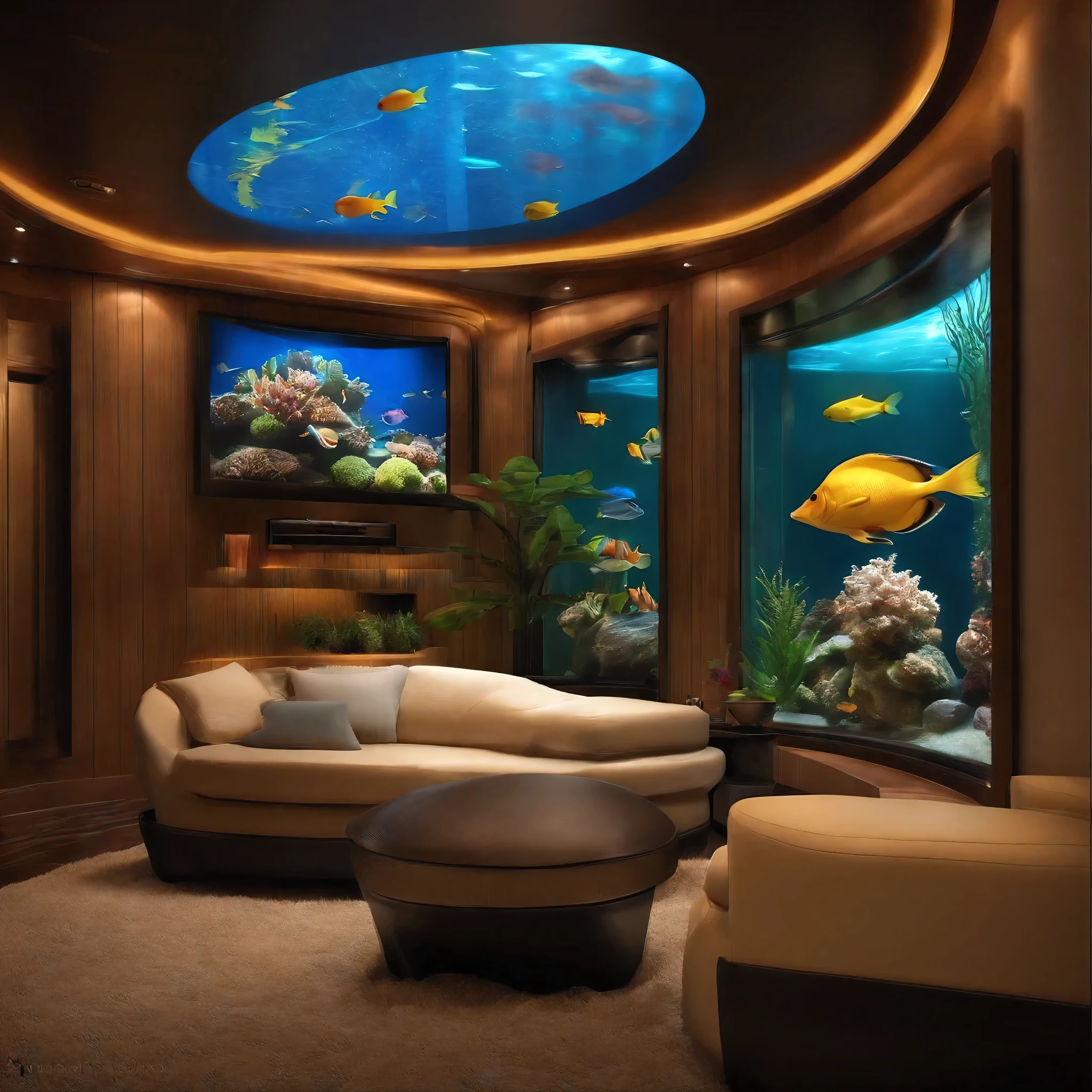 Modern cozy interior design with high level of detail, one wall consists of a semi truck fish tank, lots of bright colorful fish, HDR, --ar 16:9 --s 750 --v 5.1