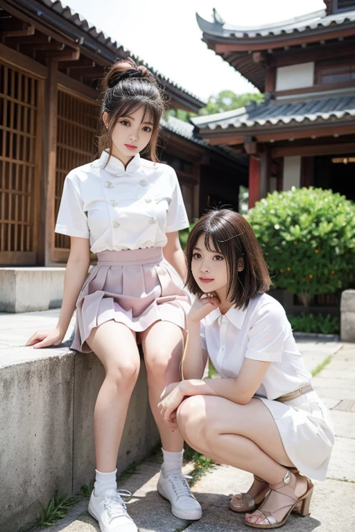 randome pose、top-quality、超A high resolution、(Photorealsitic:1.5)、1 rapariga、white short sleeve、(Brown hair:1.2)、(huge-breasted:1.2)、Chinese-style house、looking at viewert、full bodyesbian、full body Esbian、embarrased face、Short pink skirt、white legwear、Black shoes、with a round face、adolable