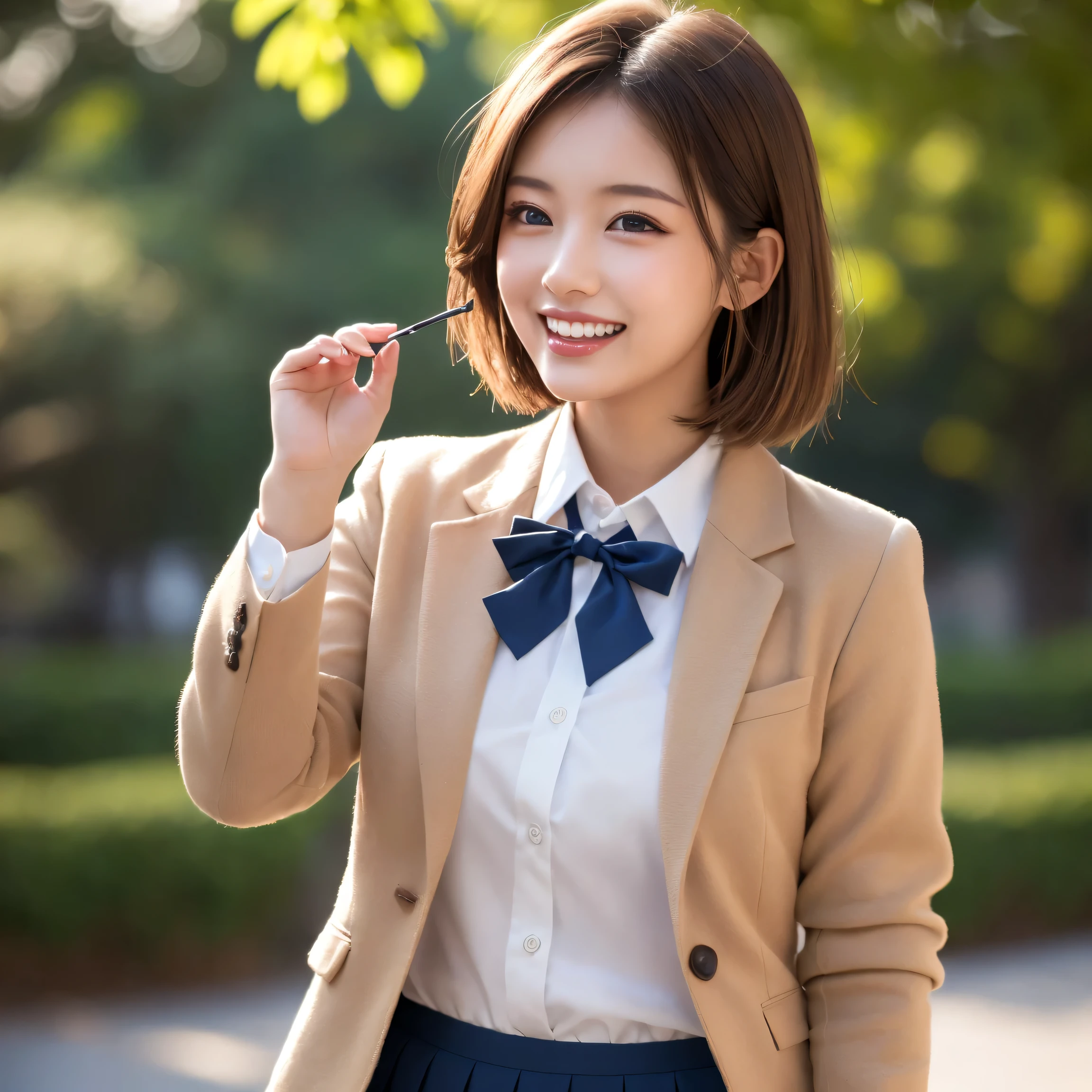 ((masterpiece)), ((best quality)), (ultra-detailed), ((kawaii)), cute, ((lovely)), ((extremely detailed)), ((extremely detailed)), ((extremely detailed)), 4K, (8K), (beautiful), illustration, (body shot), (looking away:1.2), park, a cute woman, 1woman, soro, japanese, ( student:1.3), collared shirt, (blazer), (pleated skirt), bow, (beautiful light brown hair:1.3), ((beautiful hair)), short hair, (straight hair), beautiful brown eyes, ((beautiful eyes)), white teeth, laugh, (blush:1.2), shine with colored light,